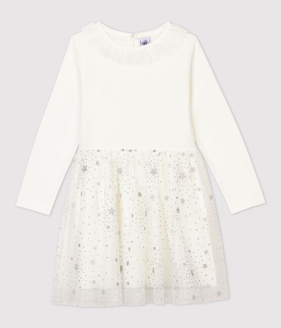 Langärmeliges Kinderkleid aus Baumwolle und Tüll für Mädchen weiss MARSHMALLOW/grau ARGENT